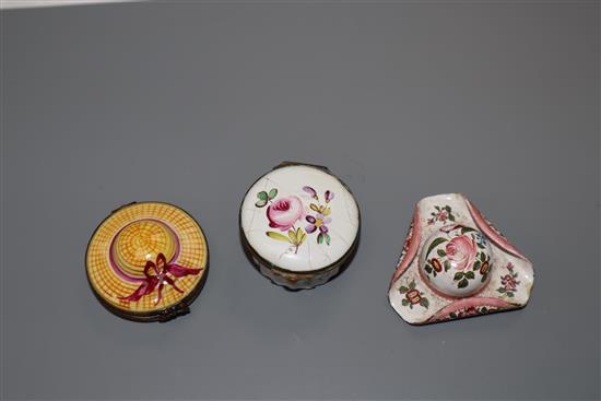 Two hat shaped pill boxes, one Limoges and an early 19th century English enamelled patch box